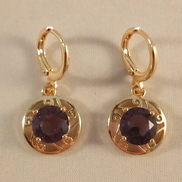 18K Yellow Gold Filled Flower Amethyt Purple Diamond Zircon Earrings 2.04ctw Ea. - Picture 3 of 4